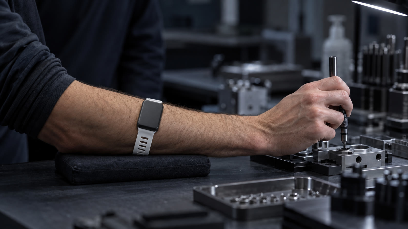 A worker wearing the white-strap, black-module NOID BAND on the forearm during precision work