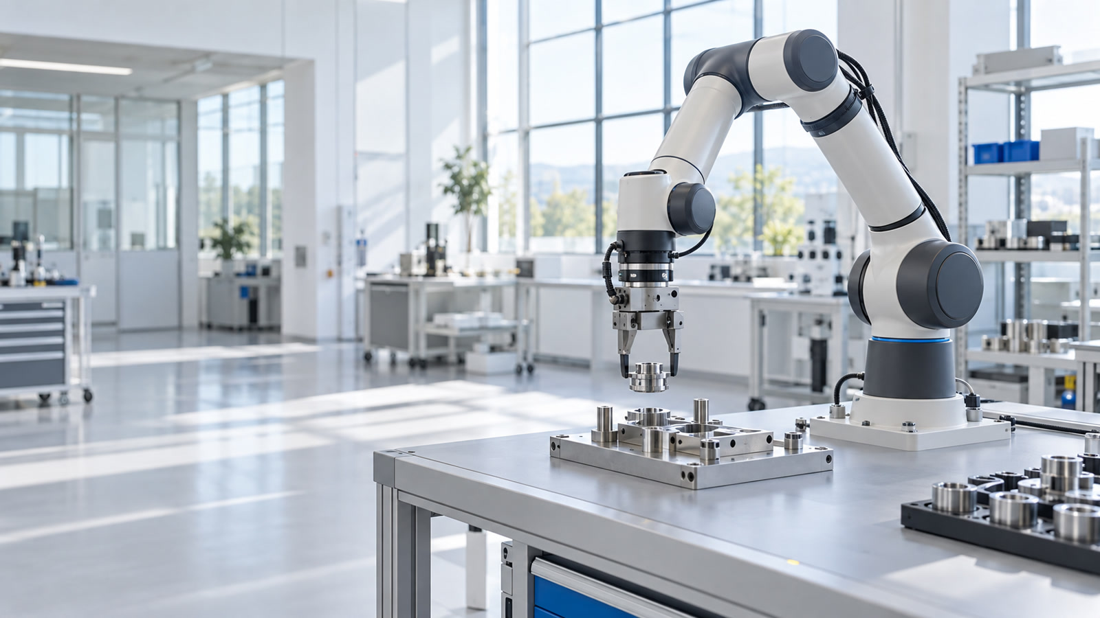 Concept of a collaborative robot positioning a part in a fixture