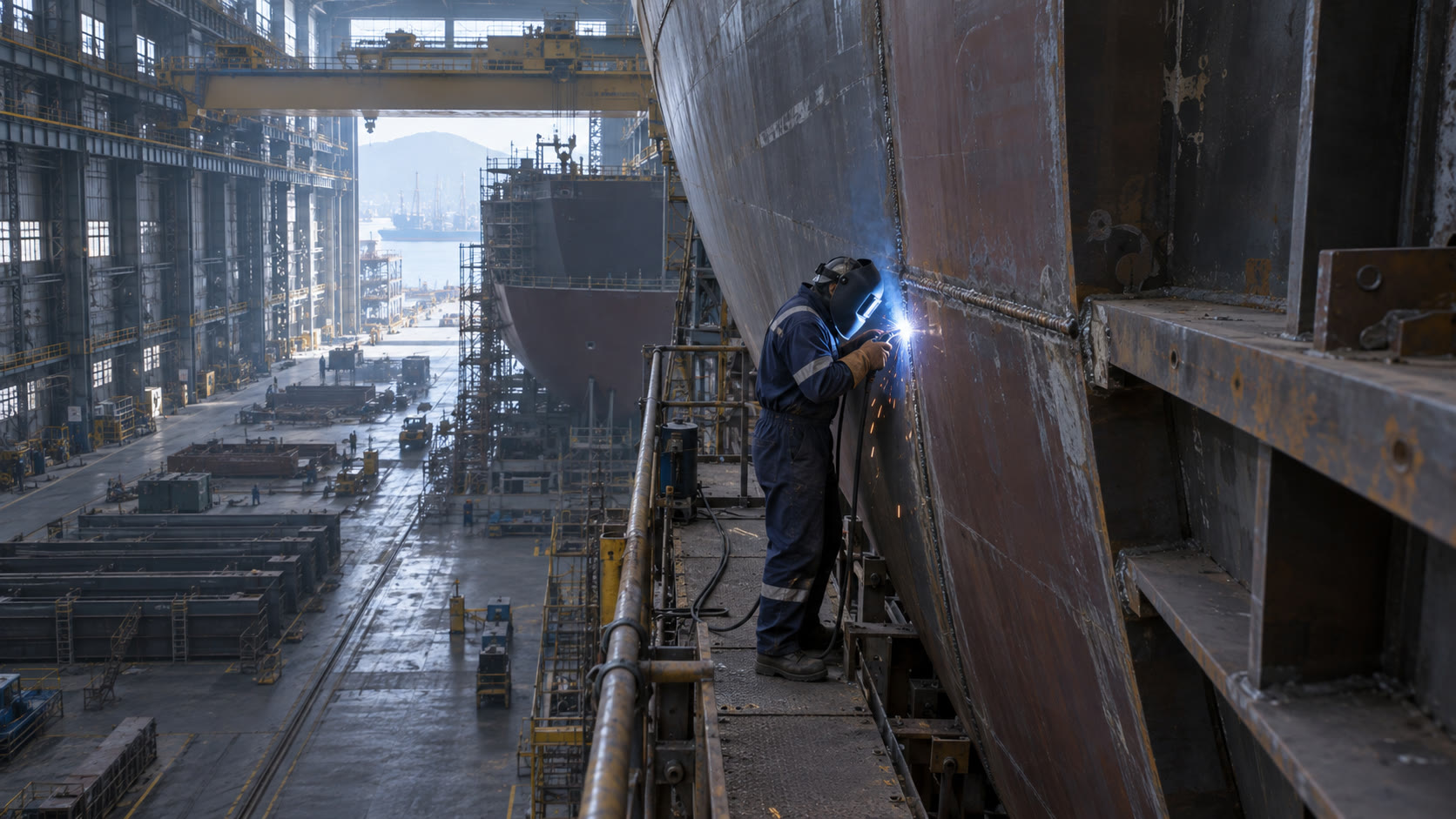 Concept photograph of a shipyard welder working along a large ship hull seam