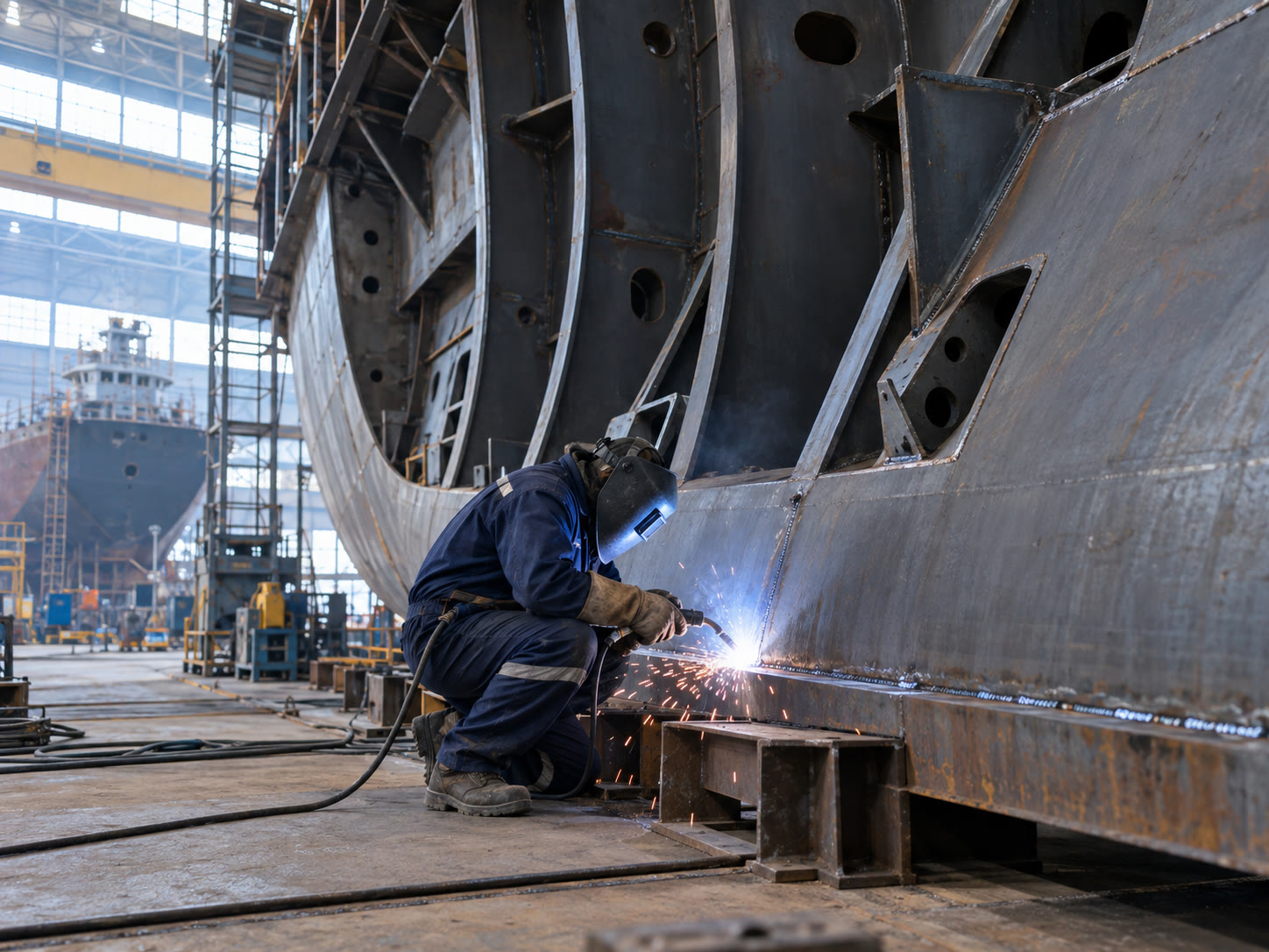 Concept of a shipyard worker welding while wearing protective equipment
